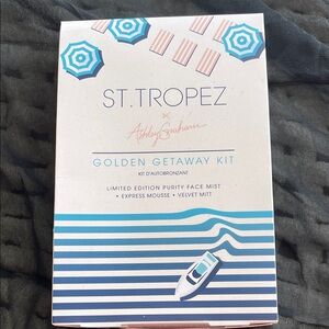 St. Tropez Golden Getaway Kit with Blue Accents. Face mist,mousse,mitt. New
